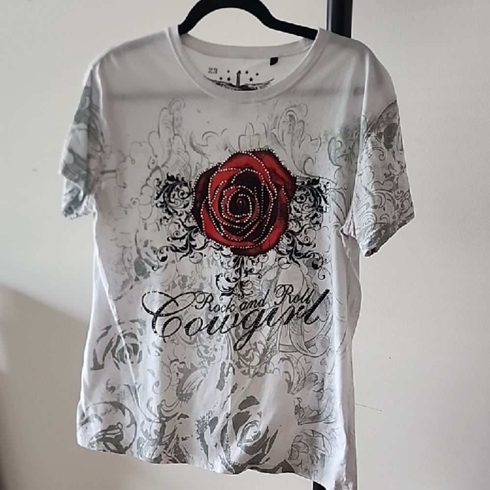 2 Rock & Roll Cowgirl White Tees with Red Rose Design